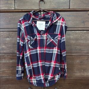 Garage Navy and Red Plaid Hooded Shirt